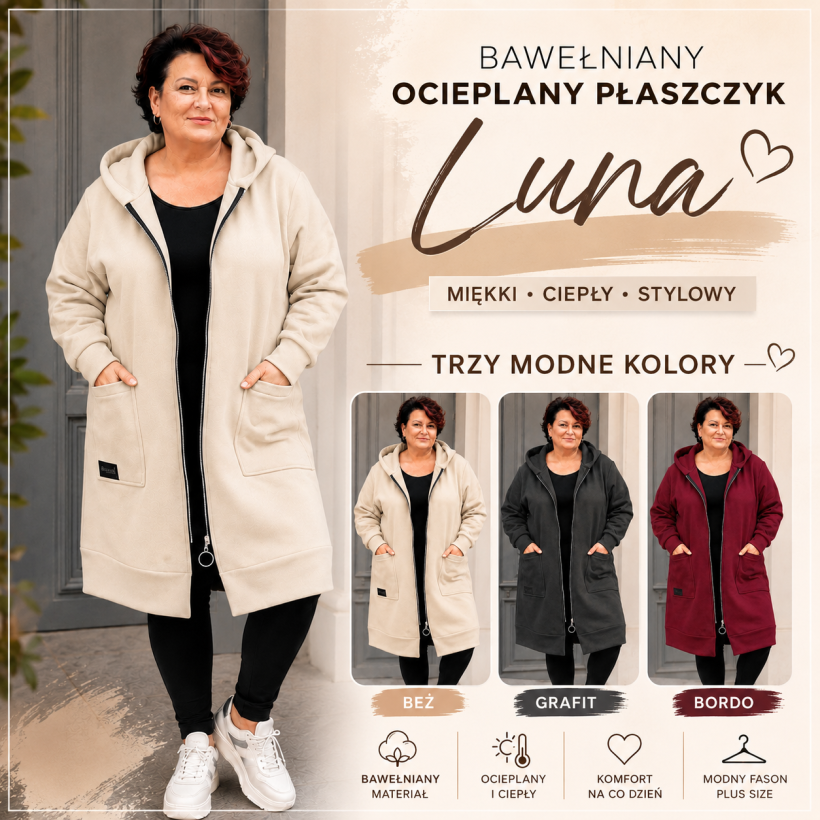 DŁUGA BLUZA PŁASZCZYK Z KAPTUREM PLUS SIZE LUNA