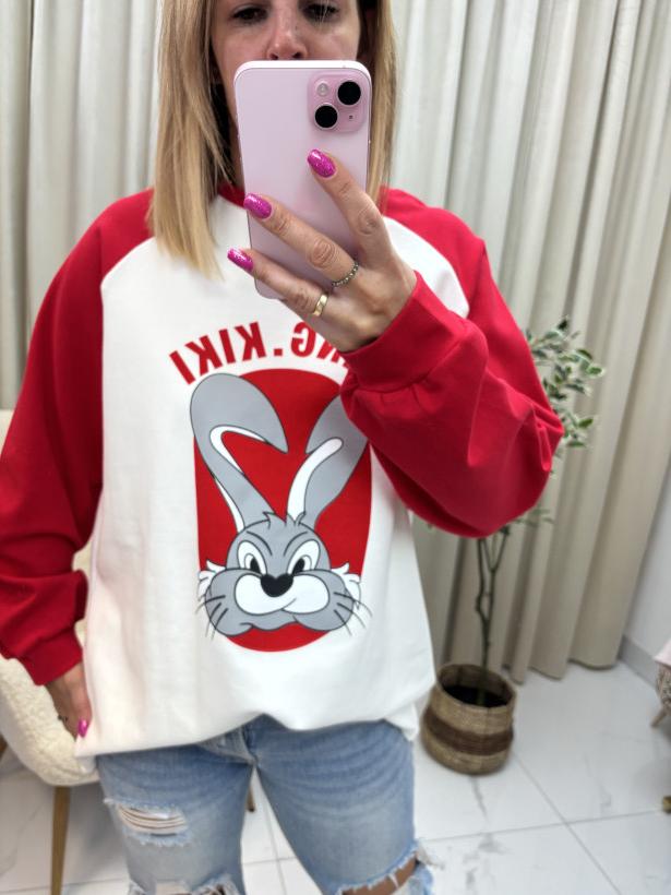 Bluza czerwono biała królik 