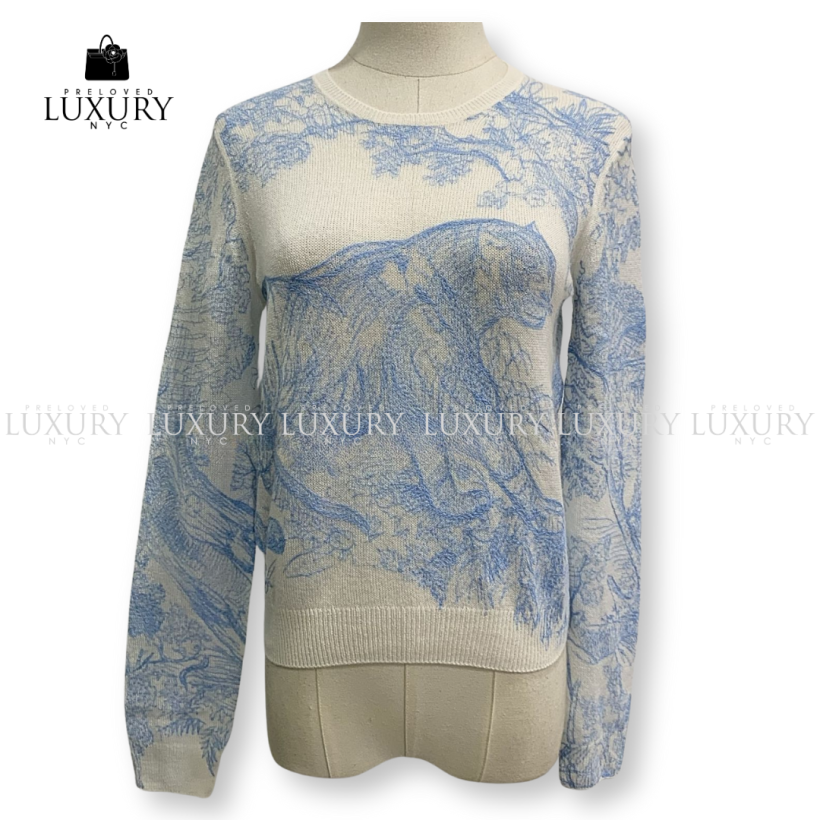 DIOR White 214S45 Knitted Chez Moi Blue Embroidered Long Sleeve Sweater