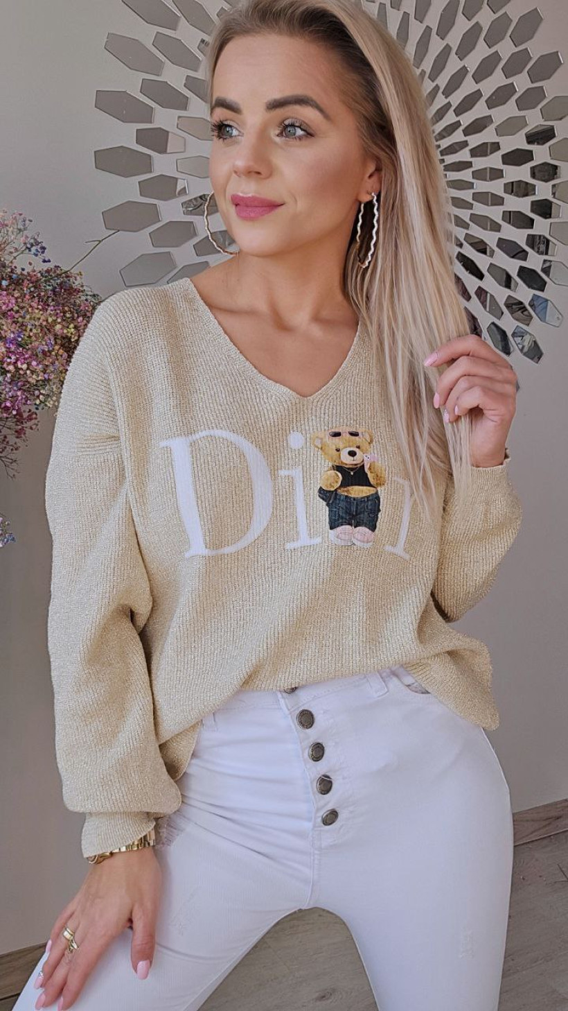 sweterek ze złotą nitką /dekolt serek /misio i biały napis