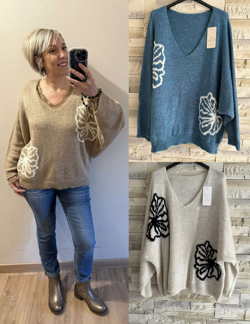 pull fleur brodé