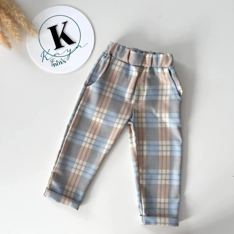 Spodnie elegant beżowo-niebieska krata Kaya