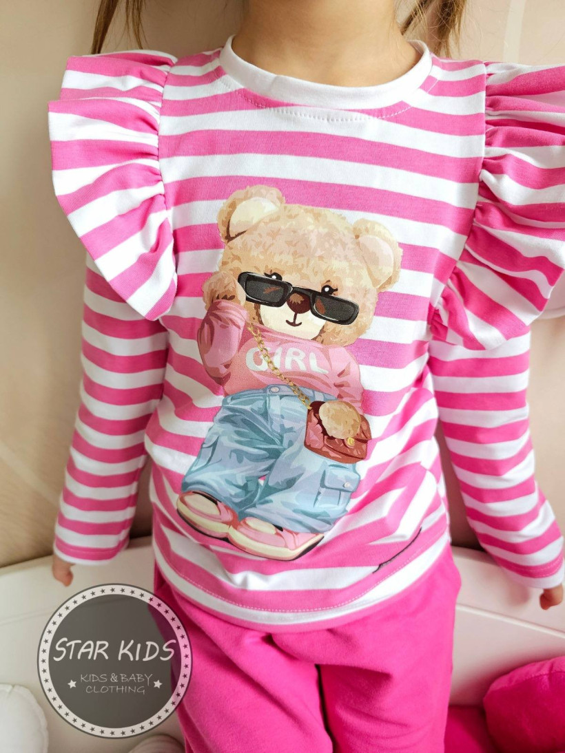 Komplet Body/bluzka+spodnie miś Gamex róż