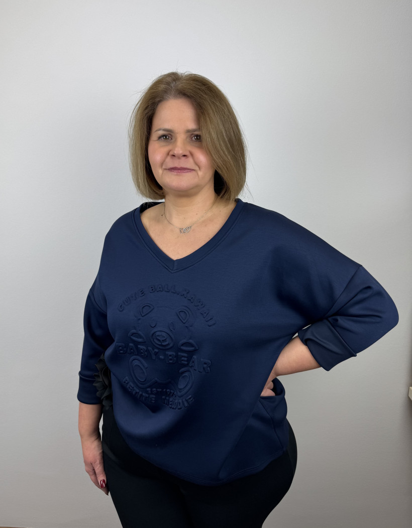 Bluza w serek, wytłaczany miś - masełko - 21523 - granat