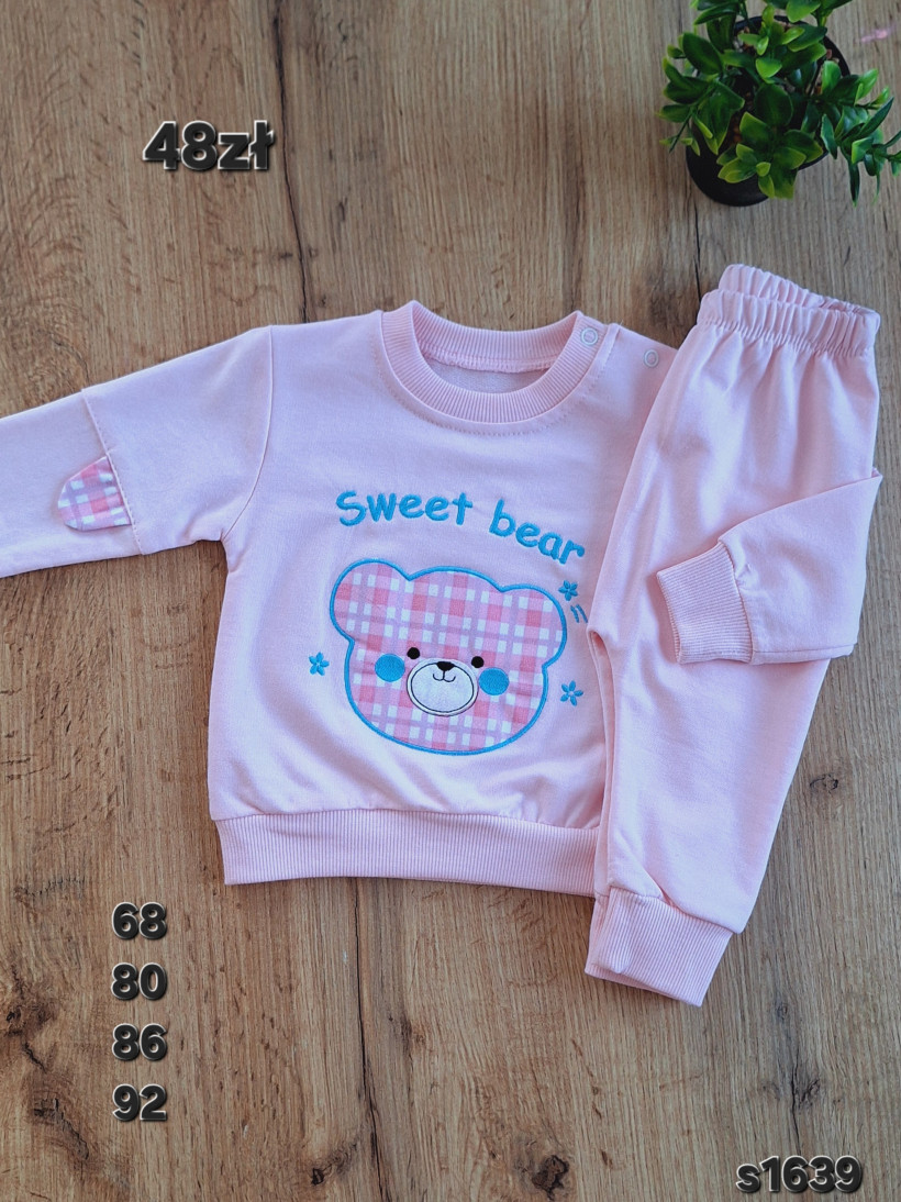Komplet różowy z misiem uszka sweet bear kratka