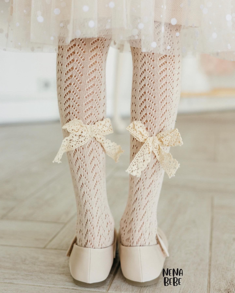 Rajstopki ażur ECRU Nena Bebe z kokardą