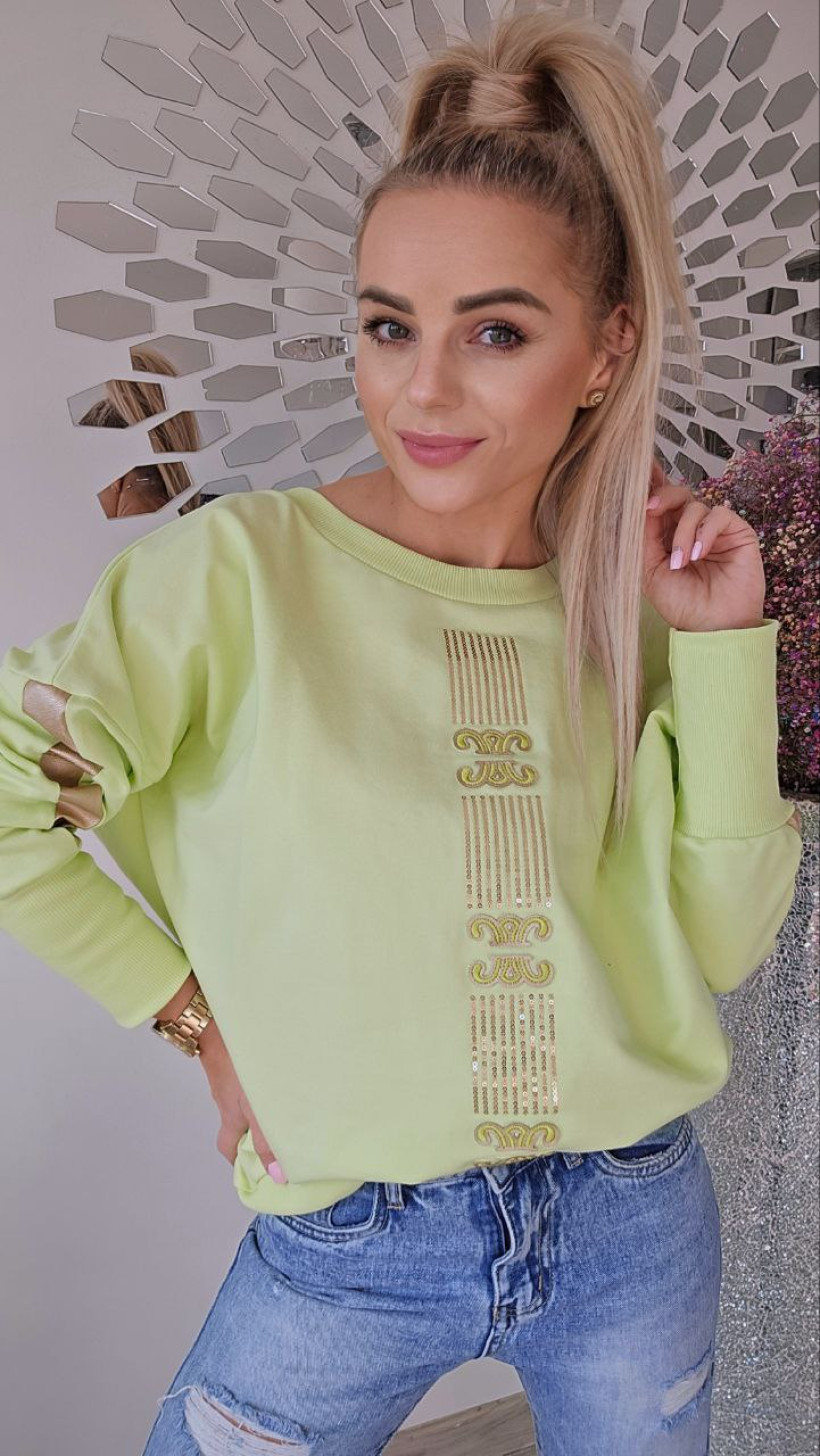 Bluza limonkowa z lampasem złotym przód ala celinka plus paski z cekinów