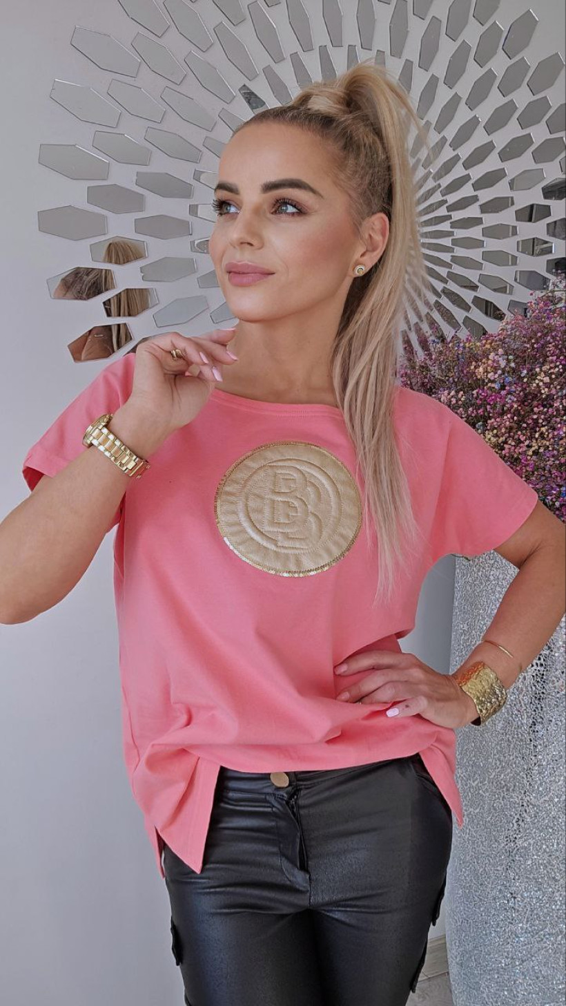 Bluzka krótki rękaw/ kolor arbuzowy /złote kółko z lietrkami BB
