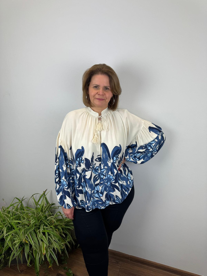 Koszula na stójce wiązana, kwiaty - wł. - 18056