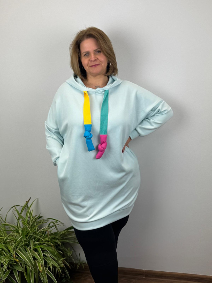 Bluza długa z kapturem, kolorowy sznurek - sweet - 12501 - mięta