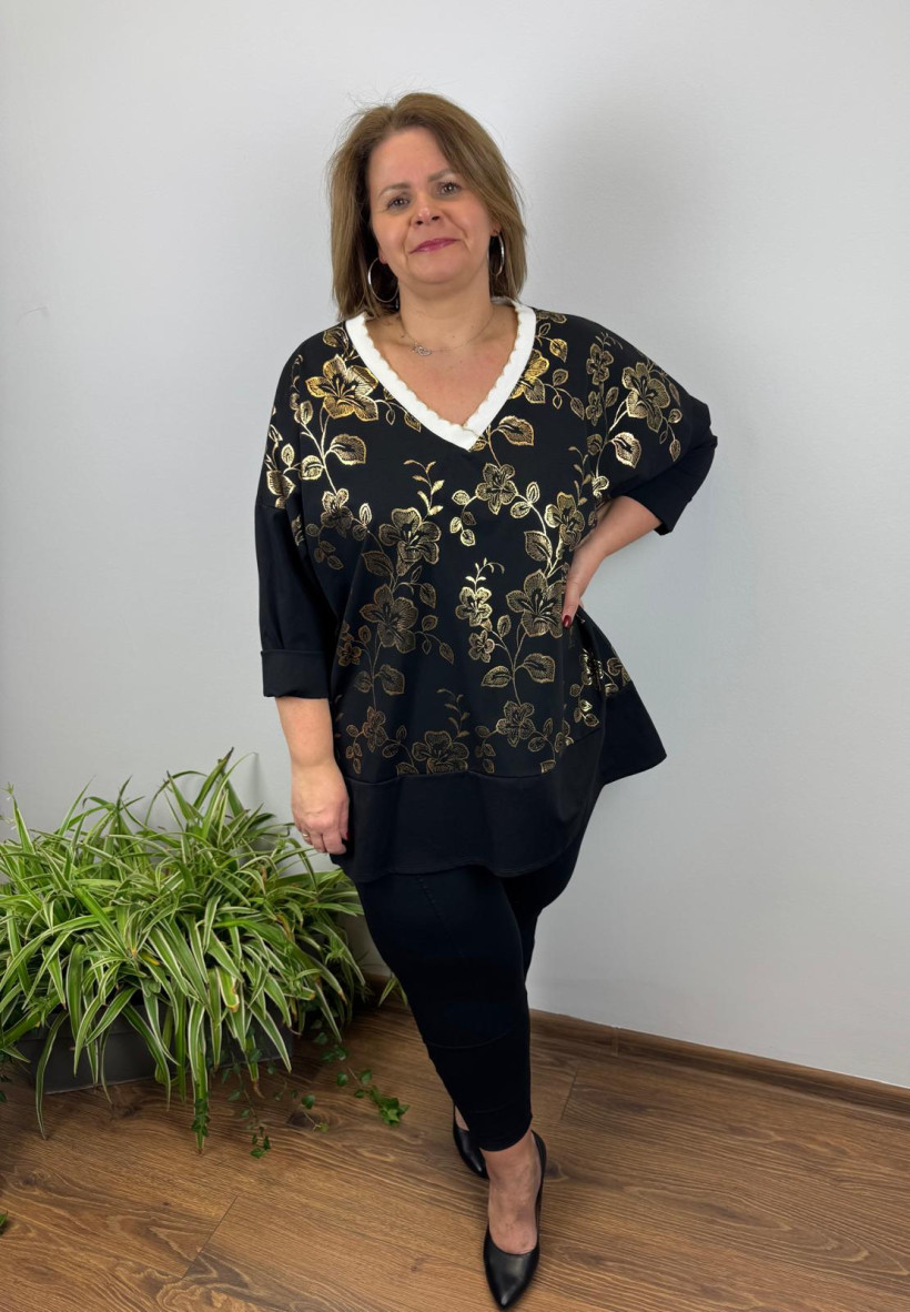 Tunika/Bluza w serek złote kwiaty - punto milano - wł. - 3392 - czarna