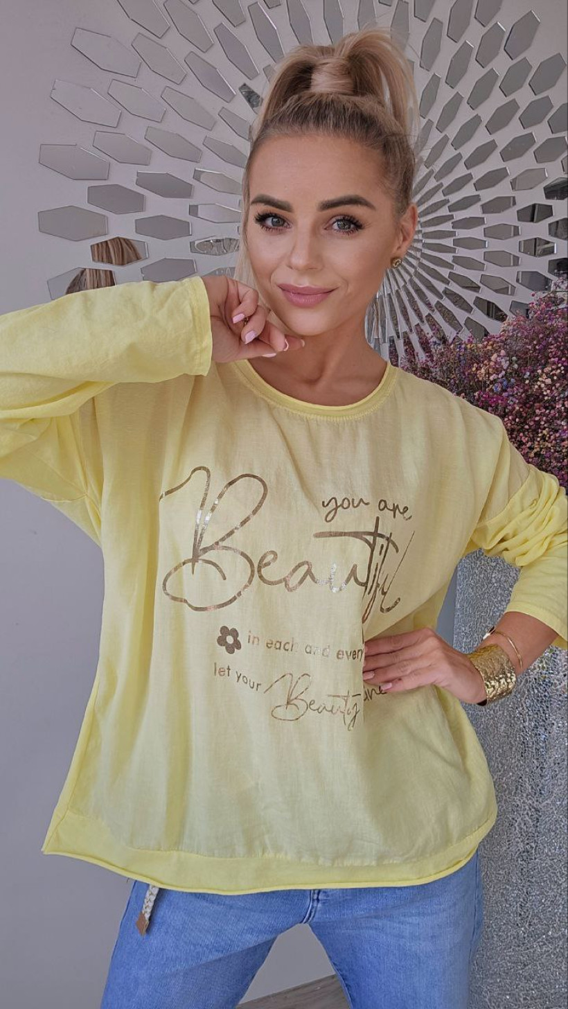Bluzka żółta z przodu zloty napis beautiful