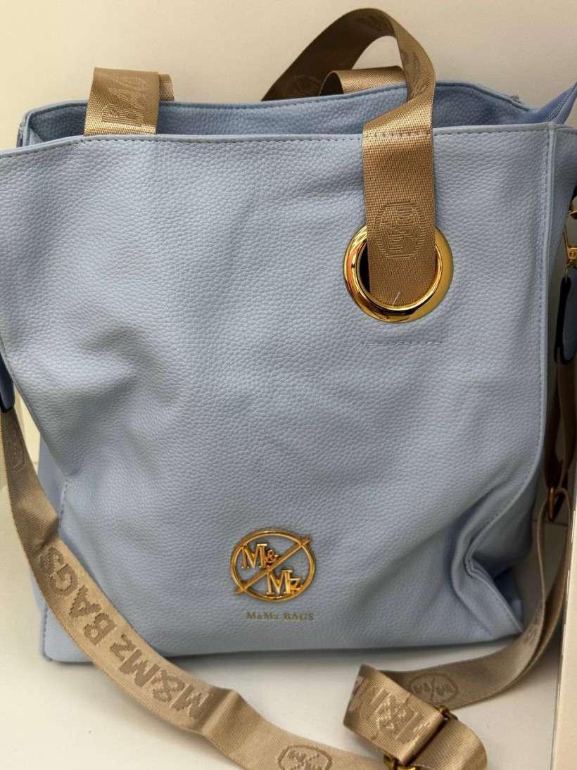 Torba shopperka niebieska z bezowymi uszami logowanymi