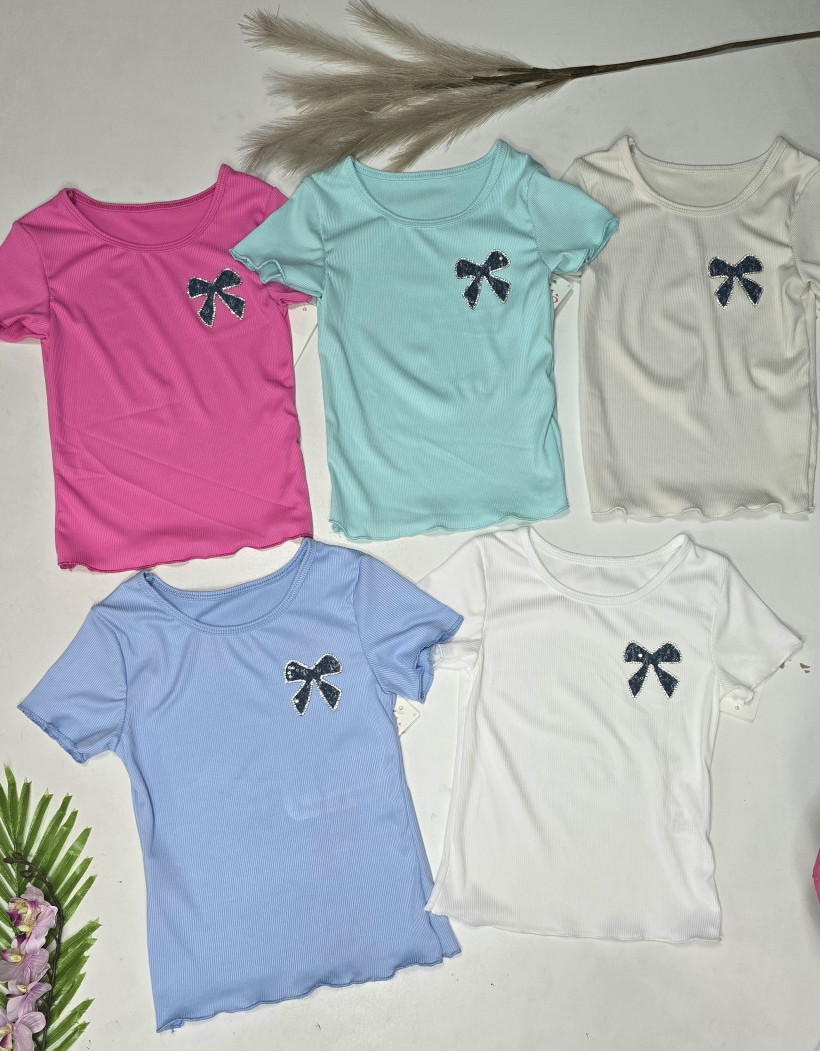 Bluzka prążek kokarda róż