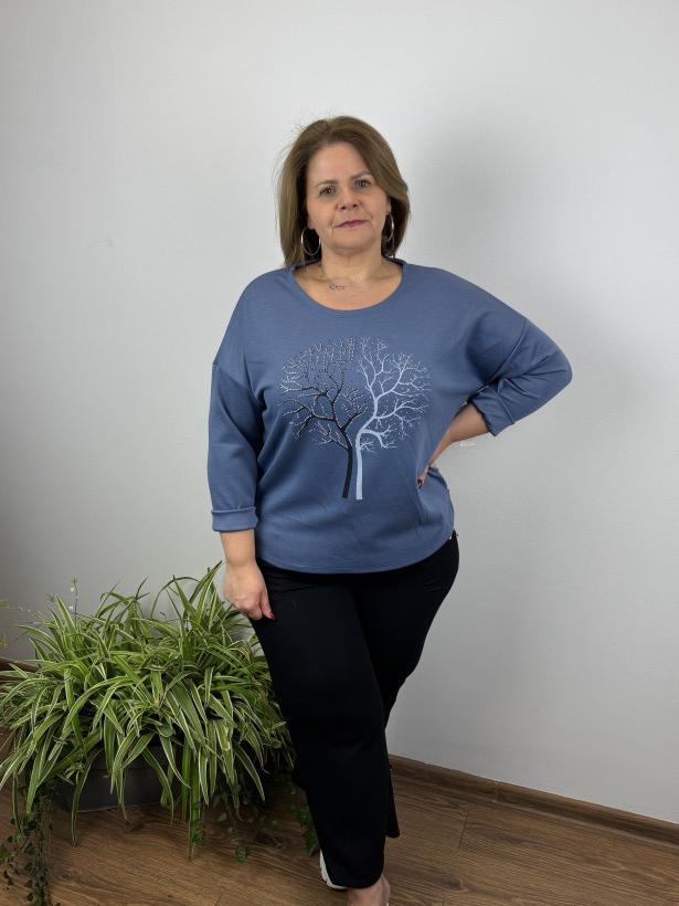 Bluza jednokolorowa - aplikacja drzewo - denny - 8875 - jeans /promocja