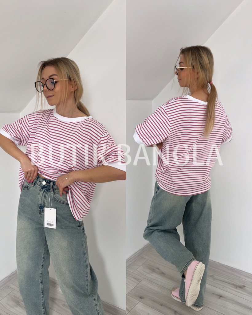 T-shirt bawełniany paski brudny róż