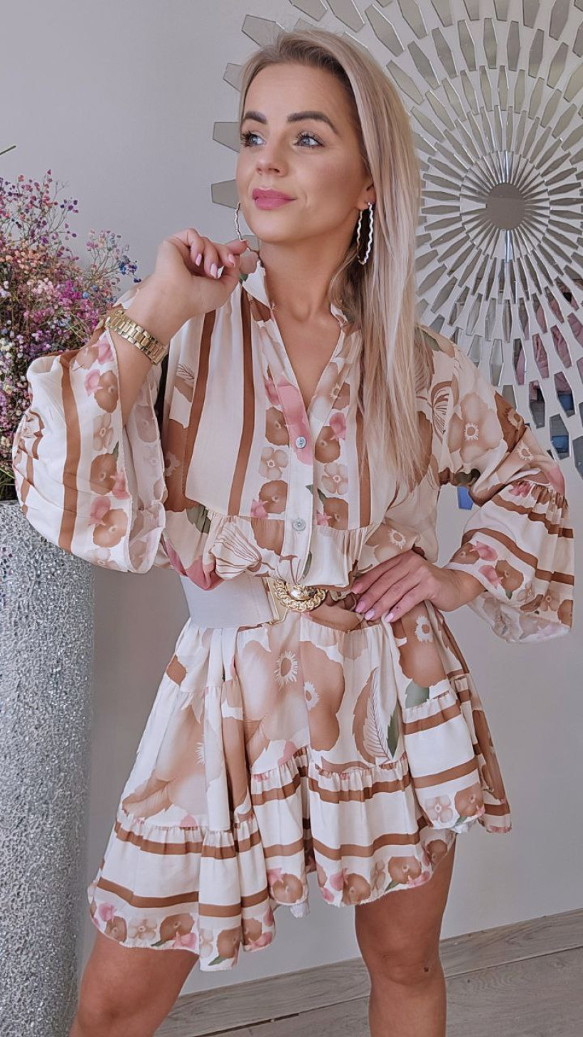 sukienka zapinana na guziki rękaw falbanka śmietankowa w brązowo karmelowe kwiaty