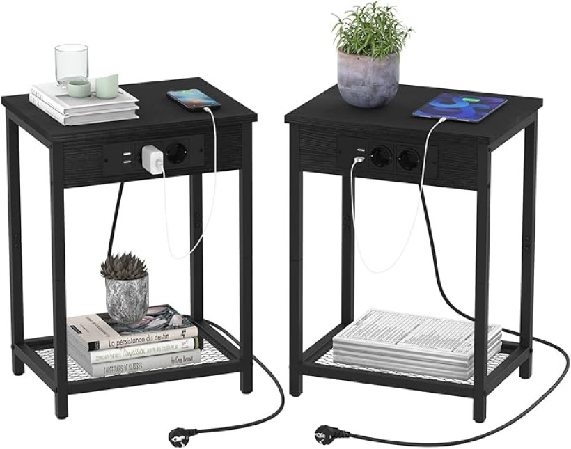 YBING Zestaw 2 stolików bocznych czarne metal z gniazdkiem