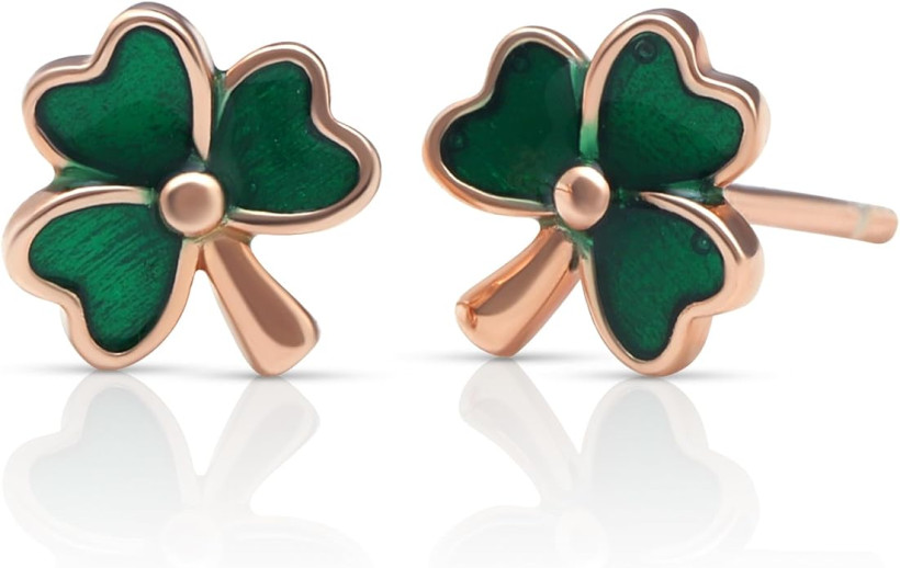 Joacii Kolczyki w kształcie zielonej koniczyny pokryte 14-karatowym różowym złotem dla kobiet Hipoalergiczny kolczyk w kształcie koniczyny