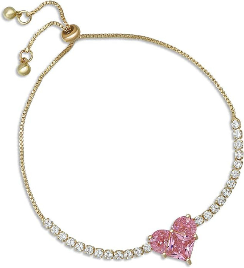 Joacii 14K pozłacana prostokątna cyrkonia sześcienna różowa bransoletka z kryształkami w kształcie serca