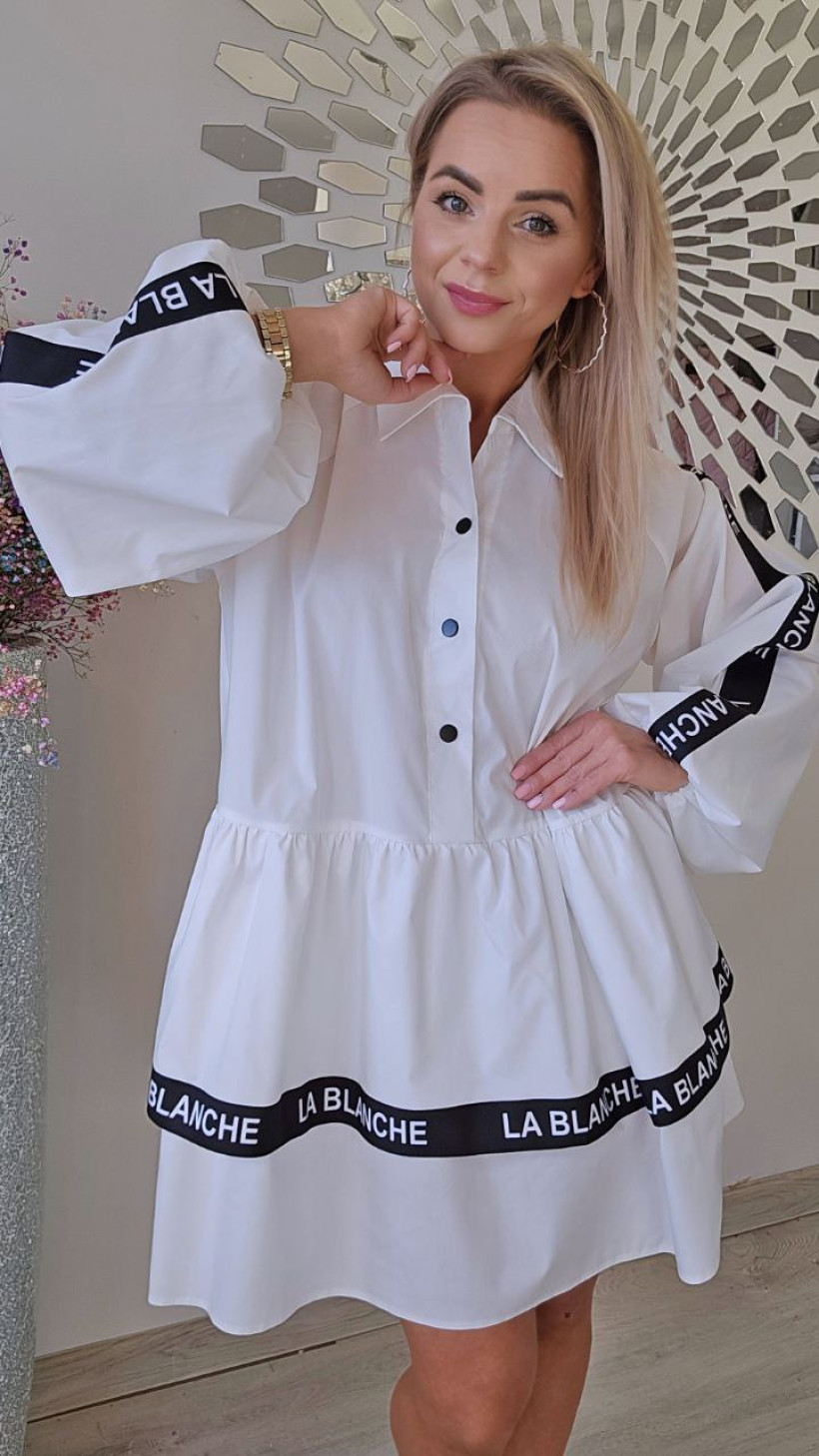 sukienka LB koszulowa odcinana w pasie /na rękawach i falbance czarna taśma /kolor śmietanka