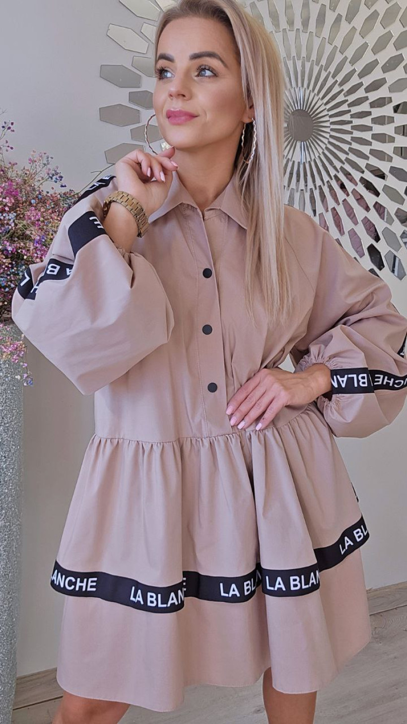 sukienka LB koszulowa odcinana w pasie /na rękawach i falbance czarna taśma /kolor karmel