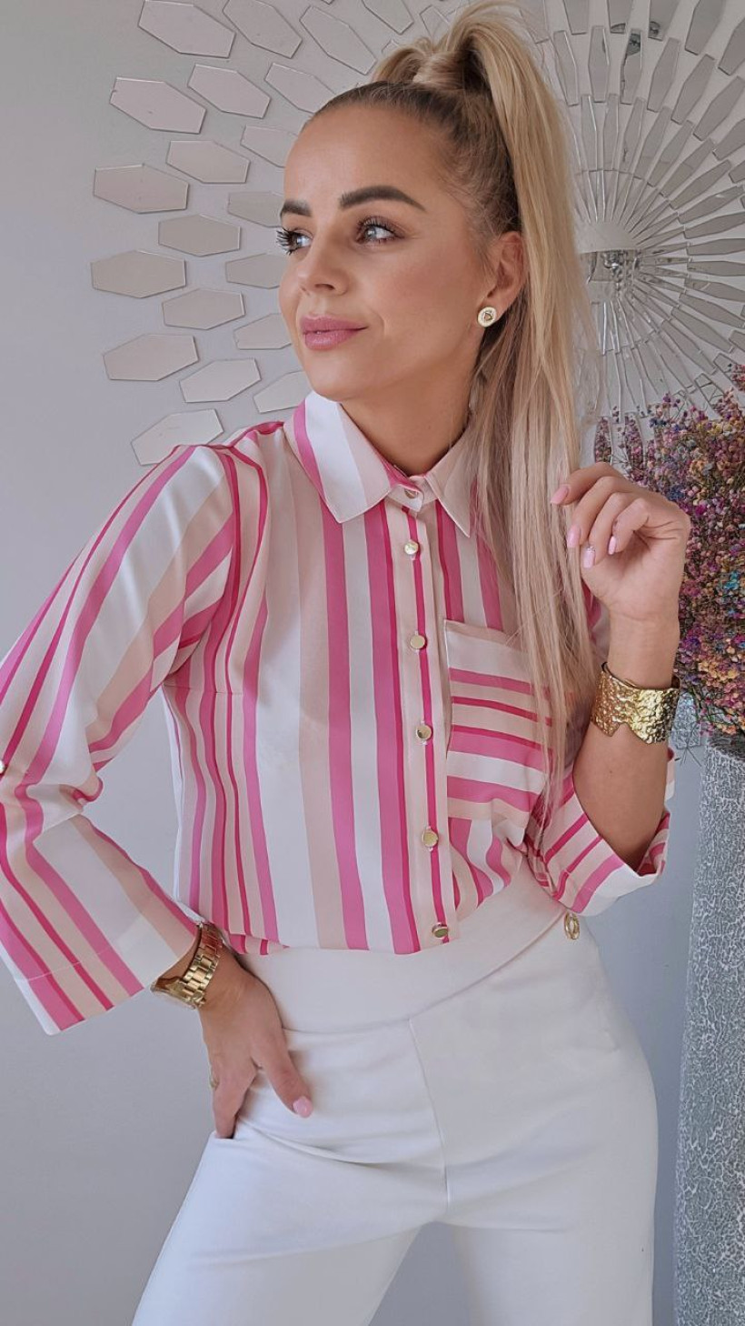 Koszula purpura /w pasy różowo beżowe/rękaw podpinany