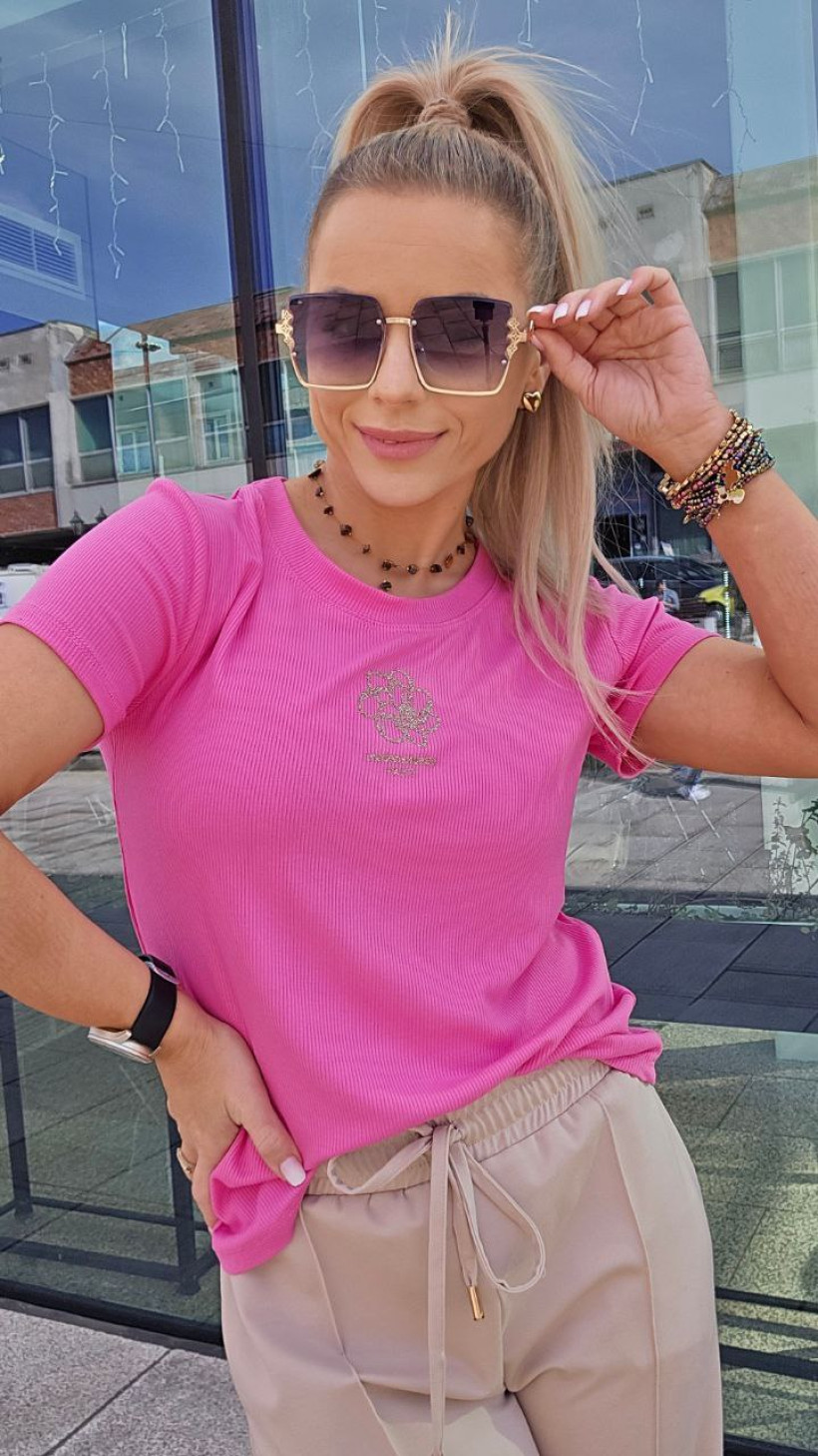T-shirt różowy/ z przodu złoty kwiatuszek brokatowy