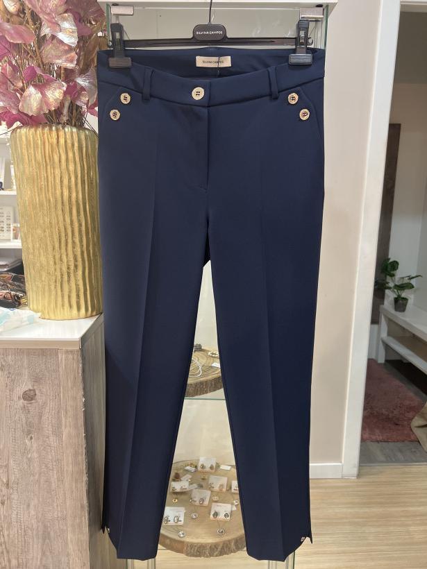 Calças clássicas azul marinho com botões de lado