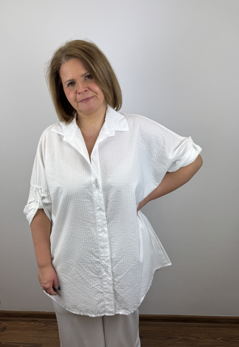 Koszula długa oversize w paski, rękaw zapinany - wł. - 9655 - biała // promocja