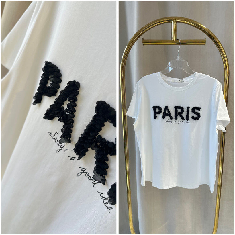CHIC TSHIRT BIAŁY PARIS KWIATKI