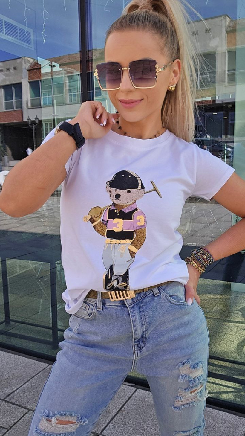 T-shirt biały z misiem w polo różowym.