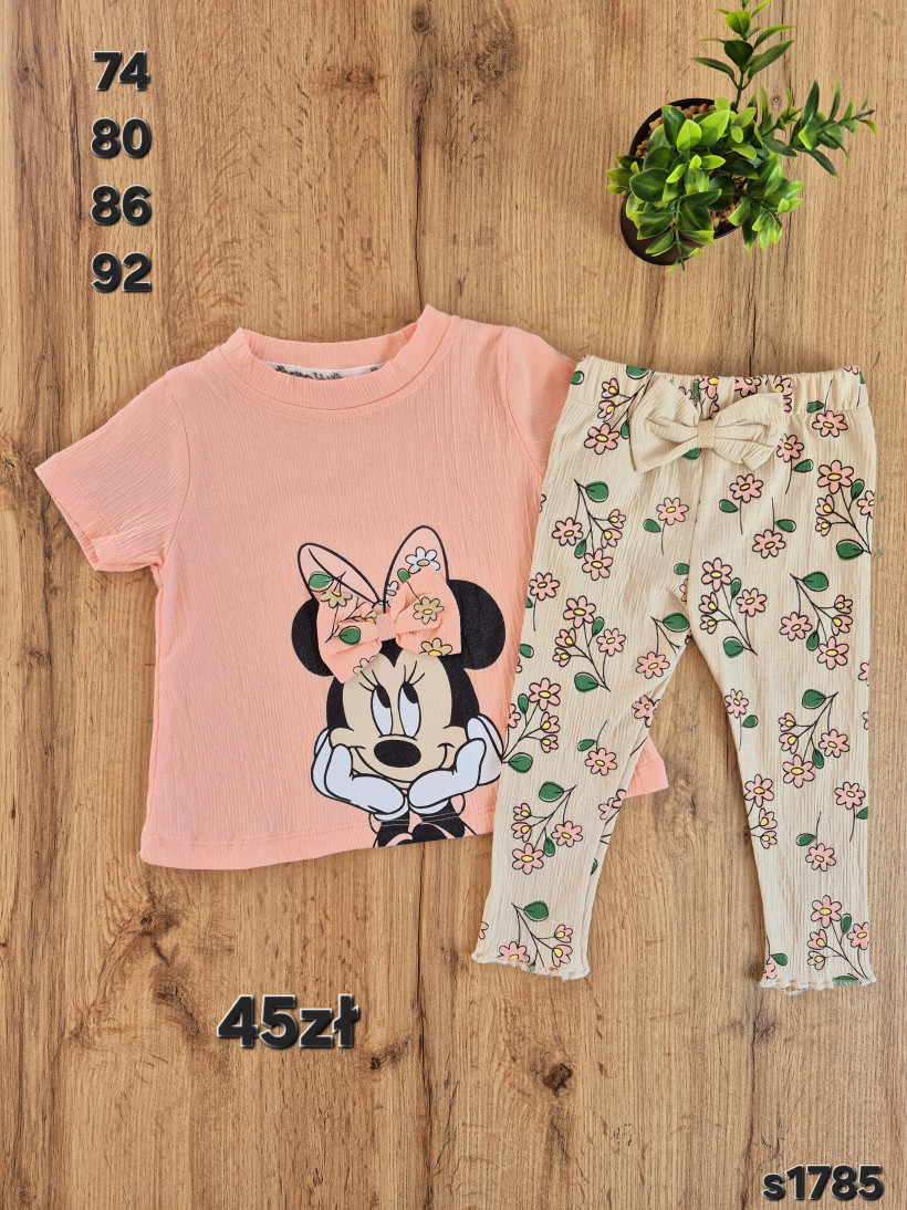 Komplet morelowa bluzeczka oversize Minnie kokardka beżowe sp w kwiaty