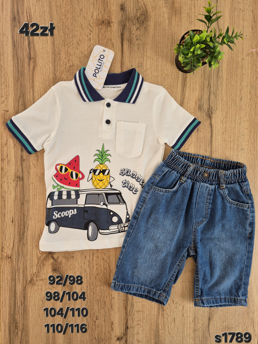 Komplet koszulka polo z kieszonką i spodenki ala jeans bawełniane