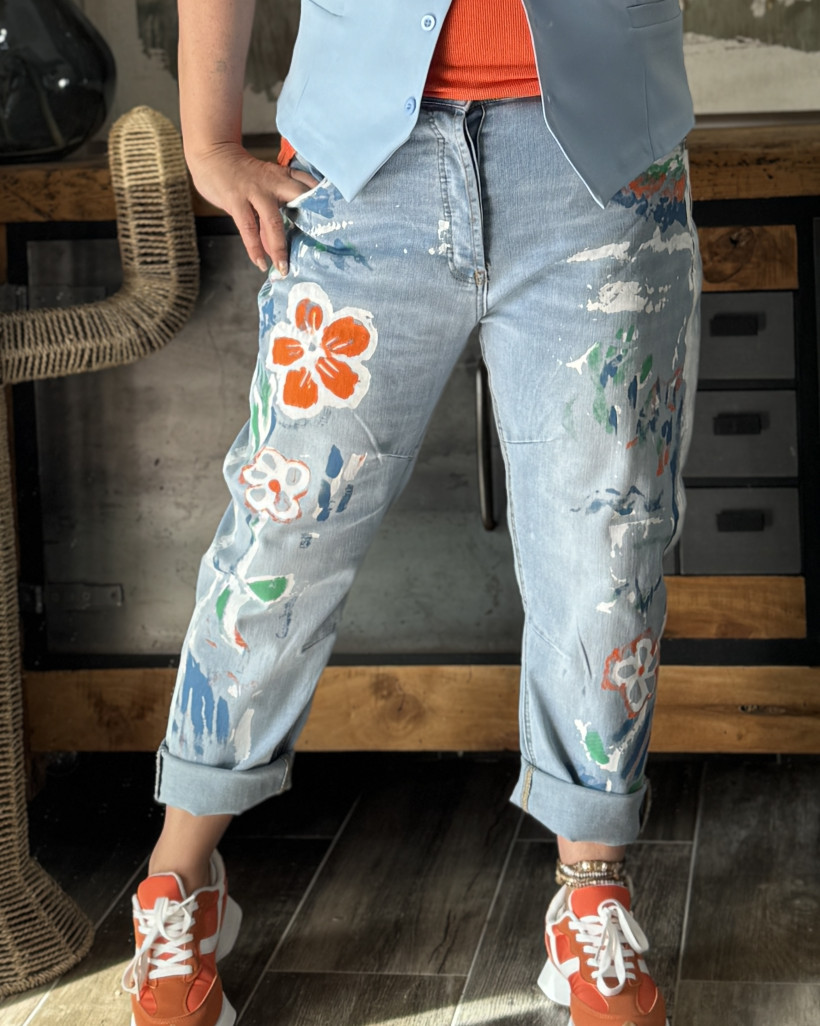 Réf 4059 Jeans fleurs orange 36 ➡️ petit 48