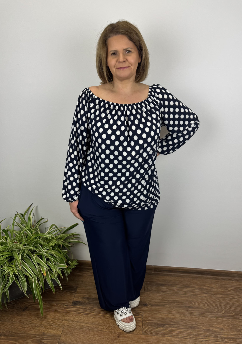 Bluzka hiszpanka chłodząca białe duże grochy na granatowym tle - 1 - mf - 9847 - granat