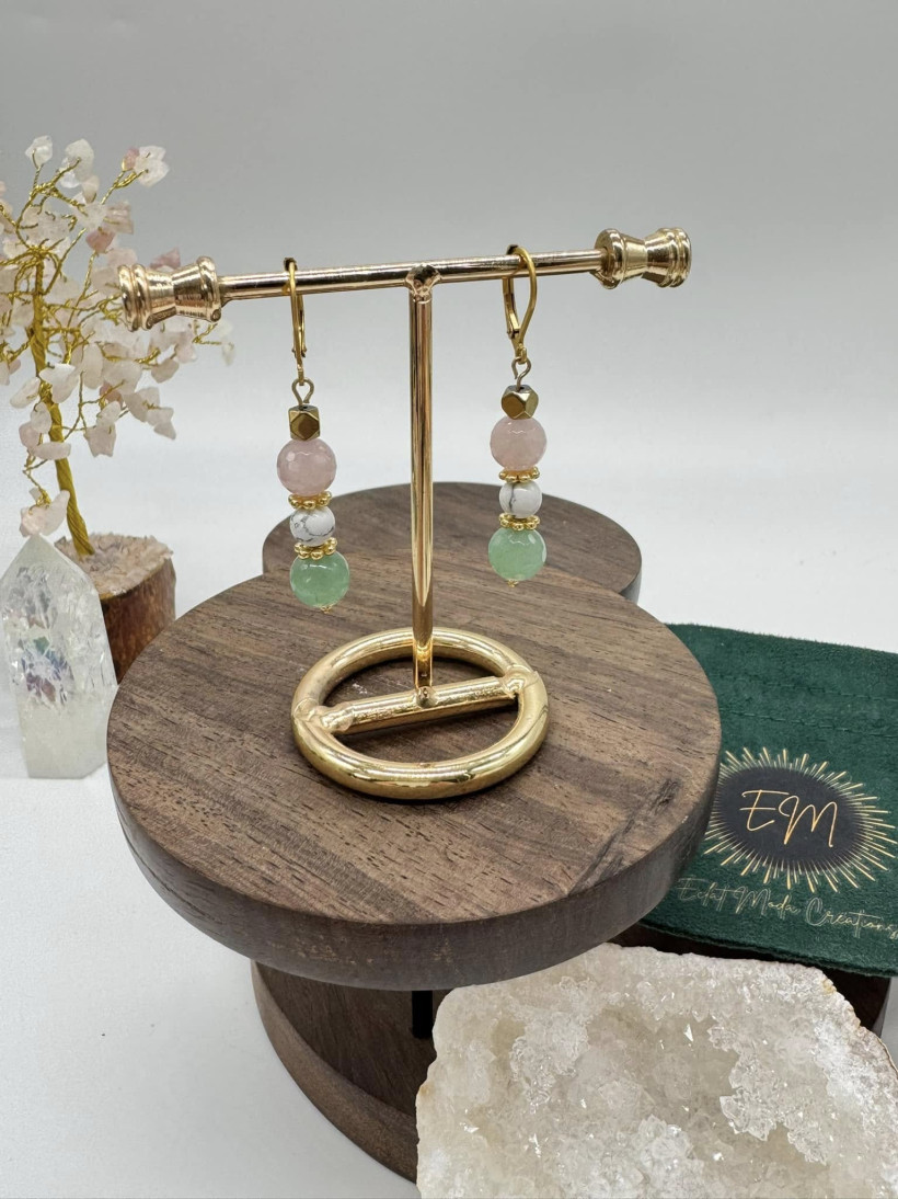 Boucles d’oreilles Aventurine, Quartz Rose & Howlite Blanche ✨