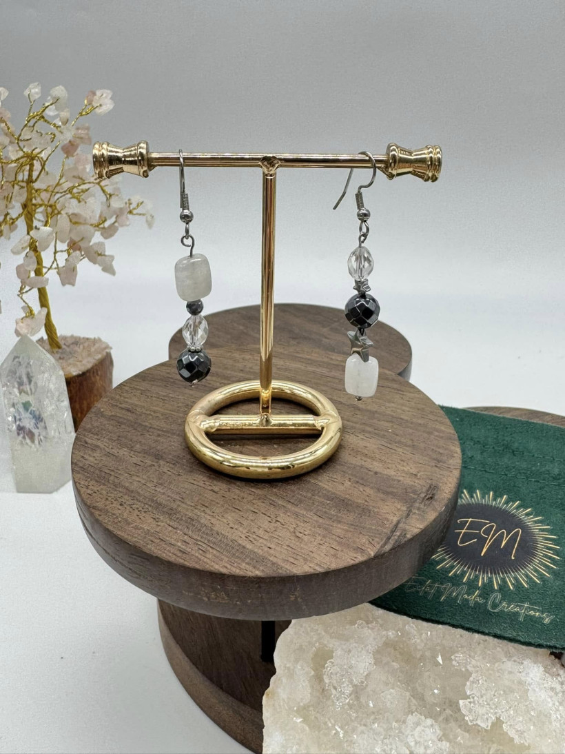 Boucles d’oreilles asymétriques Pierre de Lune Bleutée, Hématite & Cristal de Roche ✨