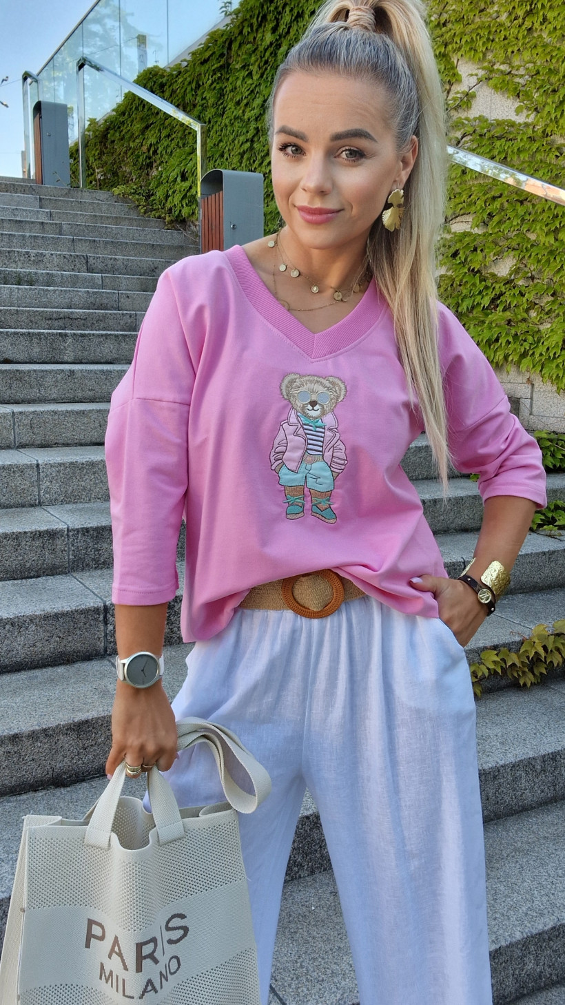 Bluza z misiem kolor barbie, rękaw do łokcia.