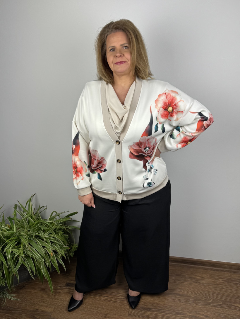 Sweter piankowy na guziki - wzór kwiaty - wł. - 3515 - śmietankowa