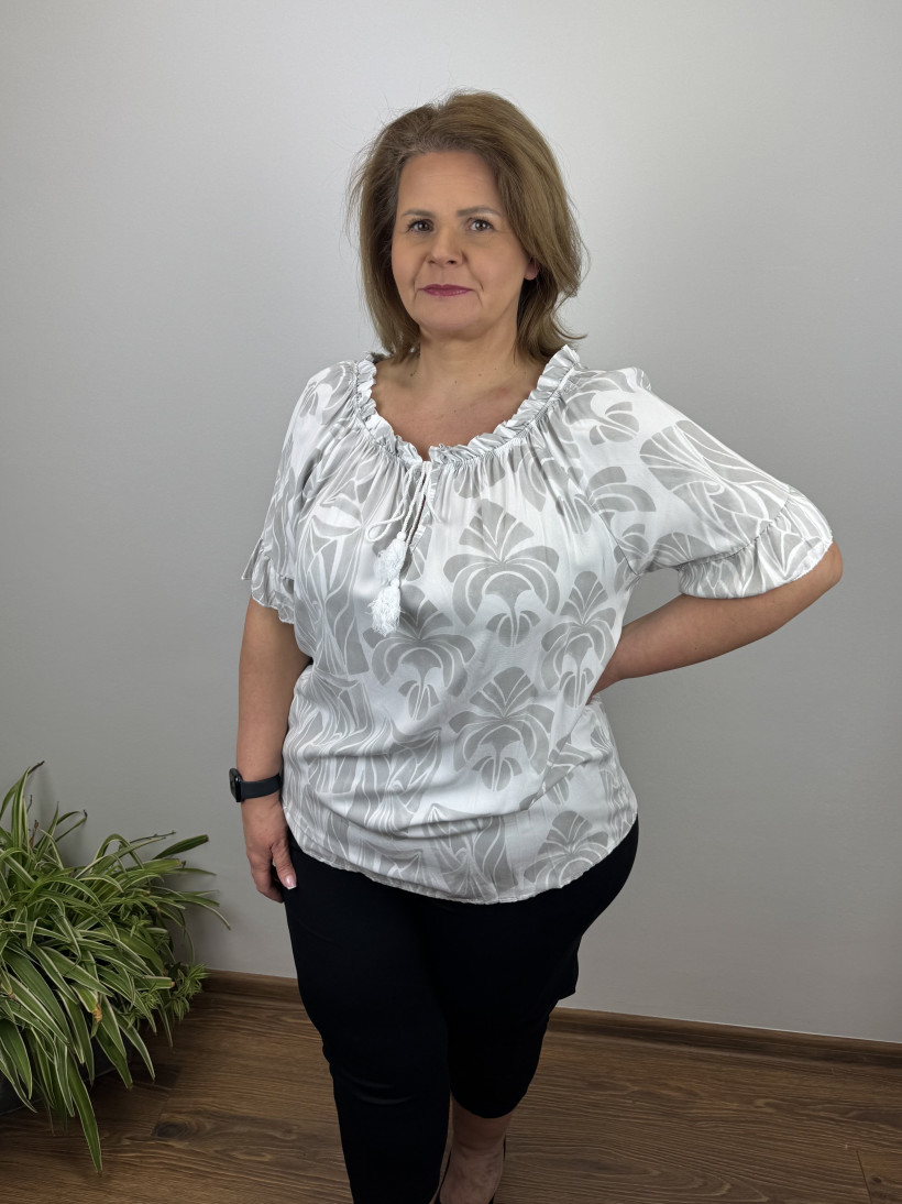 Bluzka hiszpanka wiązana przy dekoldzie - wł. - 24261 - biała z popielem