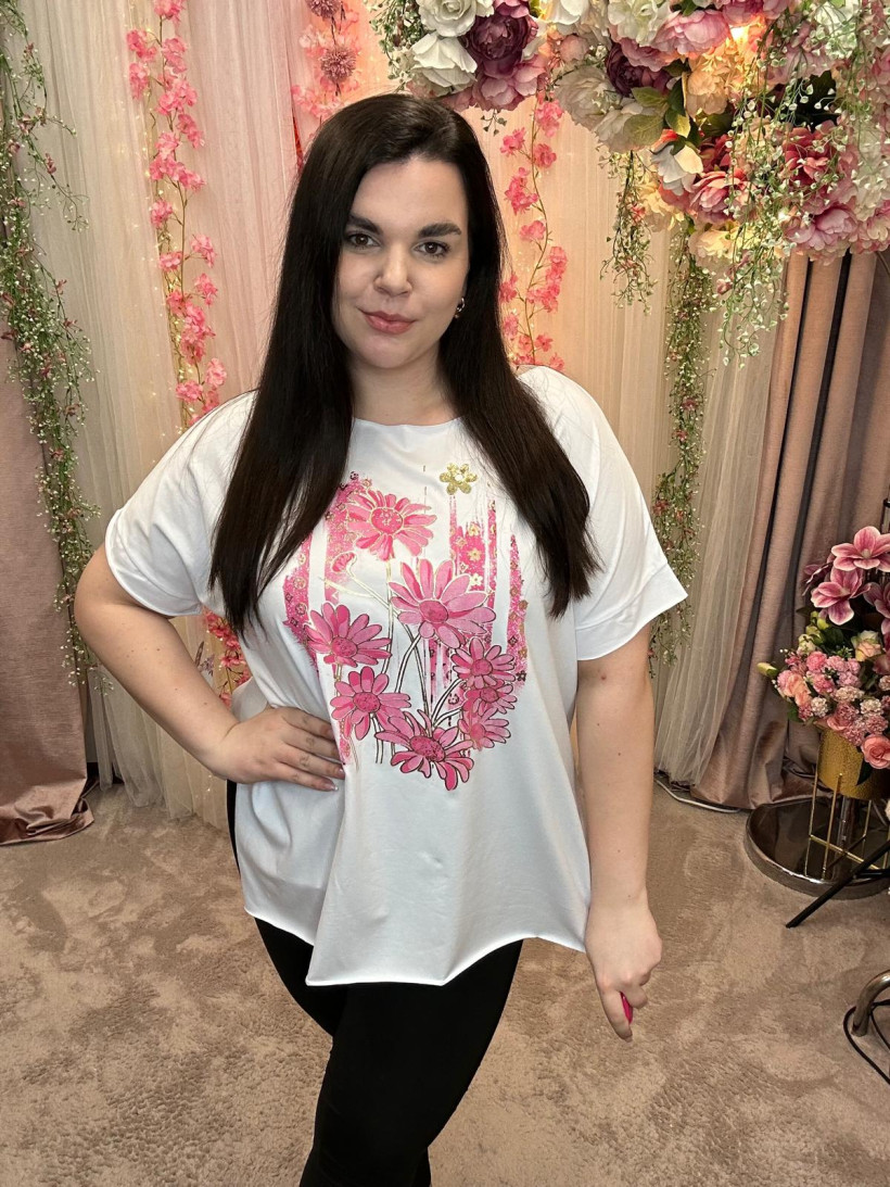 B7721 T-shirt z kwiatkami różowymi Biały (1)