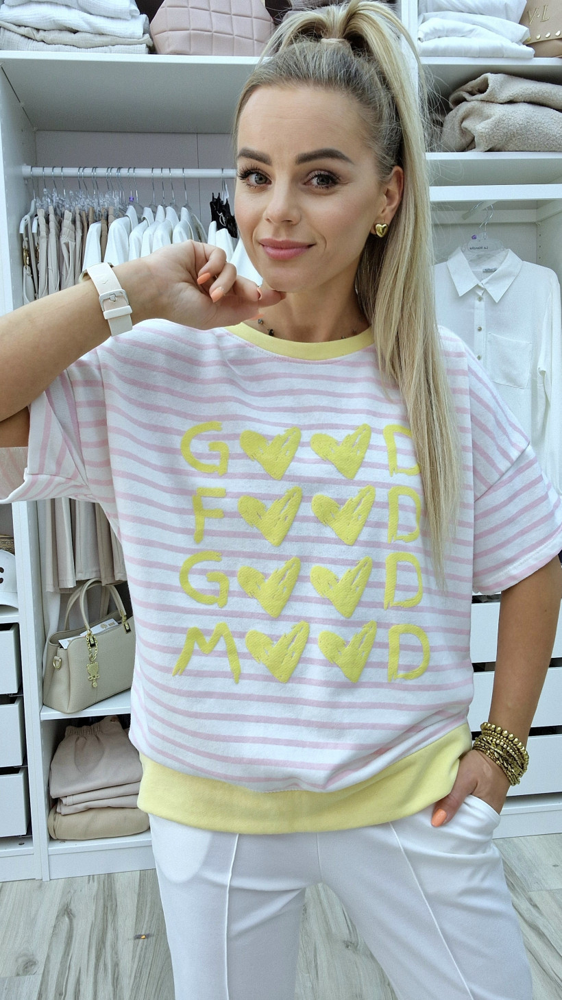 BLUZKA REKAW KRÓTKI . NA SMIETANOWYM TLE ROZOWE PASKI /ŻÓŁTY ŚCIAGACZ I ŻÓŁTY NAPIS