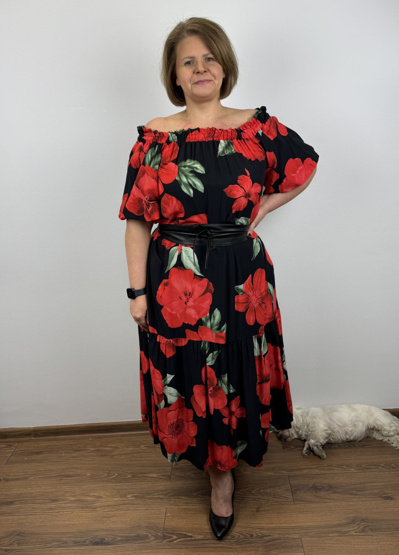 Sukienka hiszpanka z falbaną na dole, kwiaty - wł. - 24072 - czarna z czerwonym