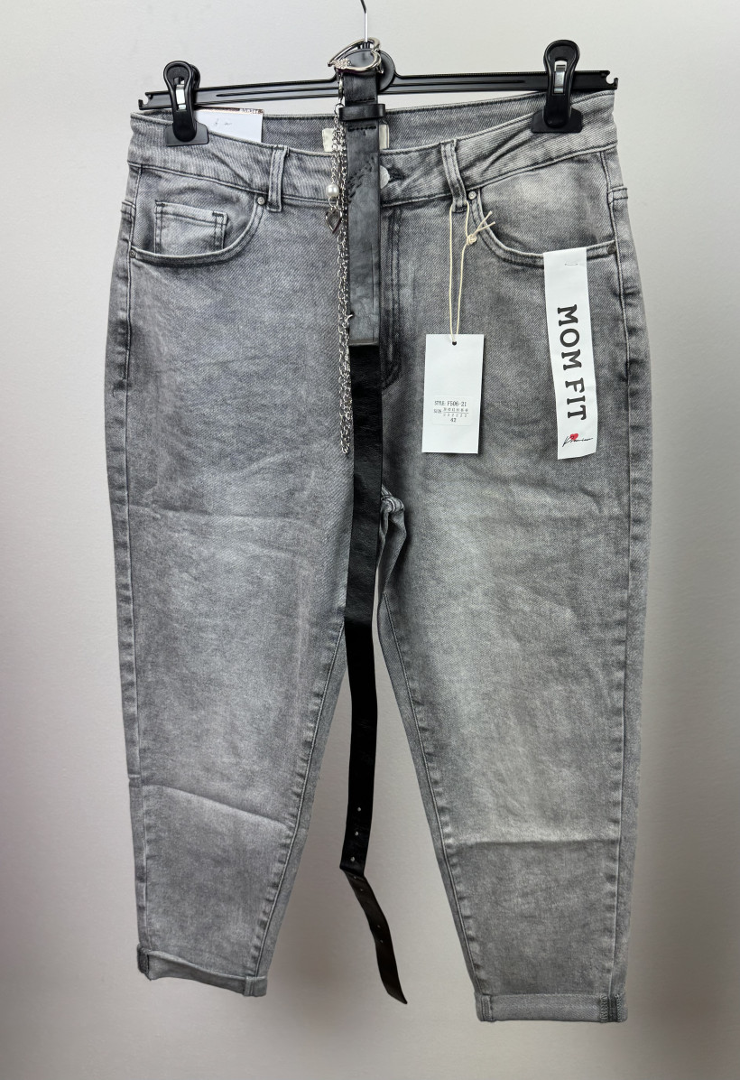 Spodnie jeansowe mom fit z paskiem - redserventy - rozm.46 - 506 - popiel