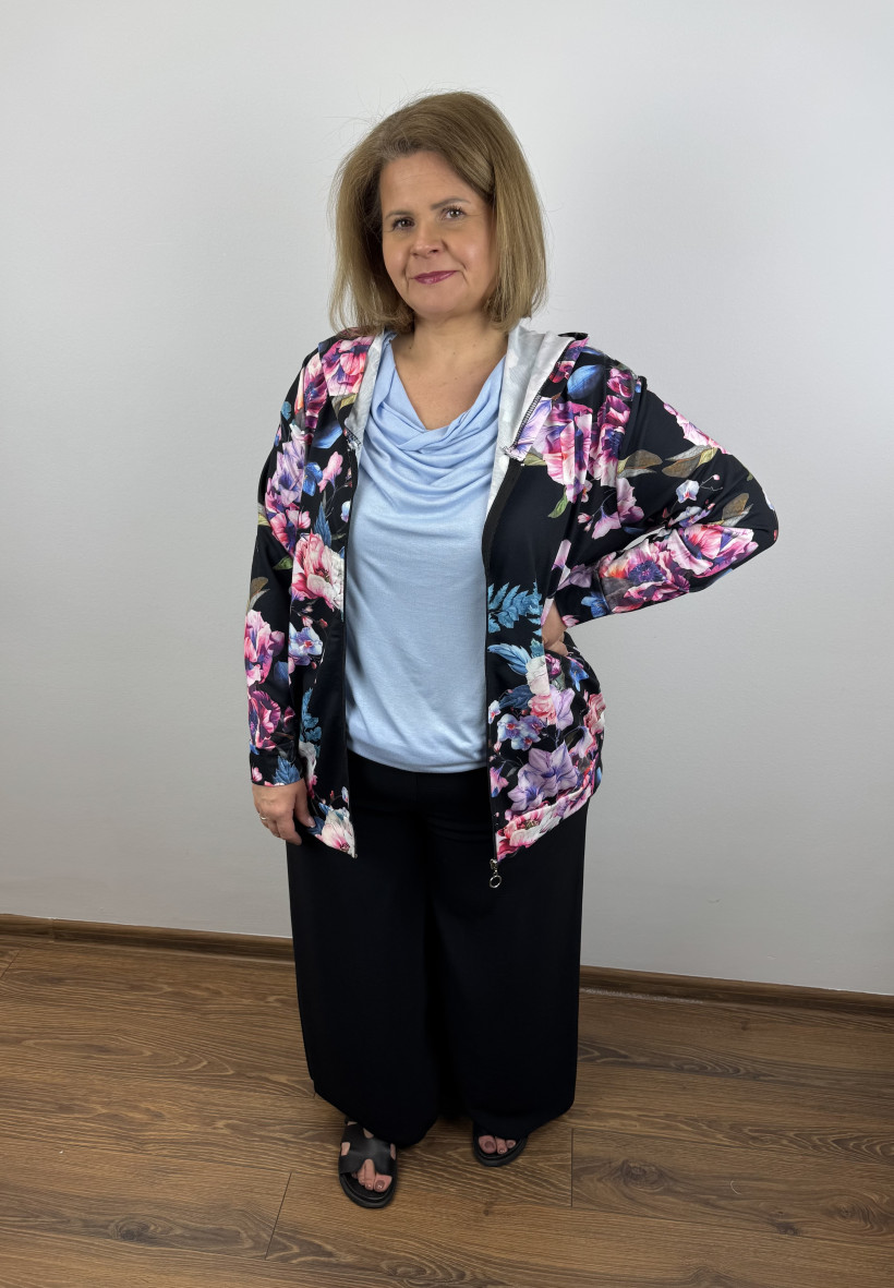Bluza z kapturem na zamek, kwiaty - zentex - 6720 - czarna