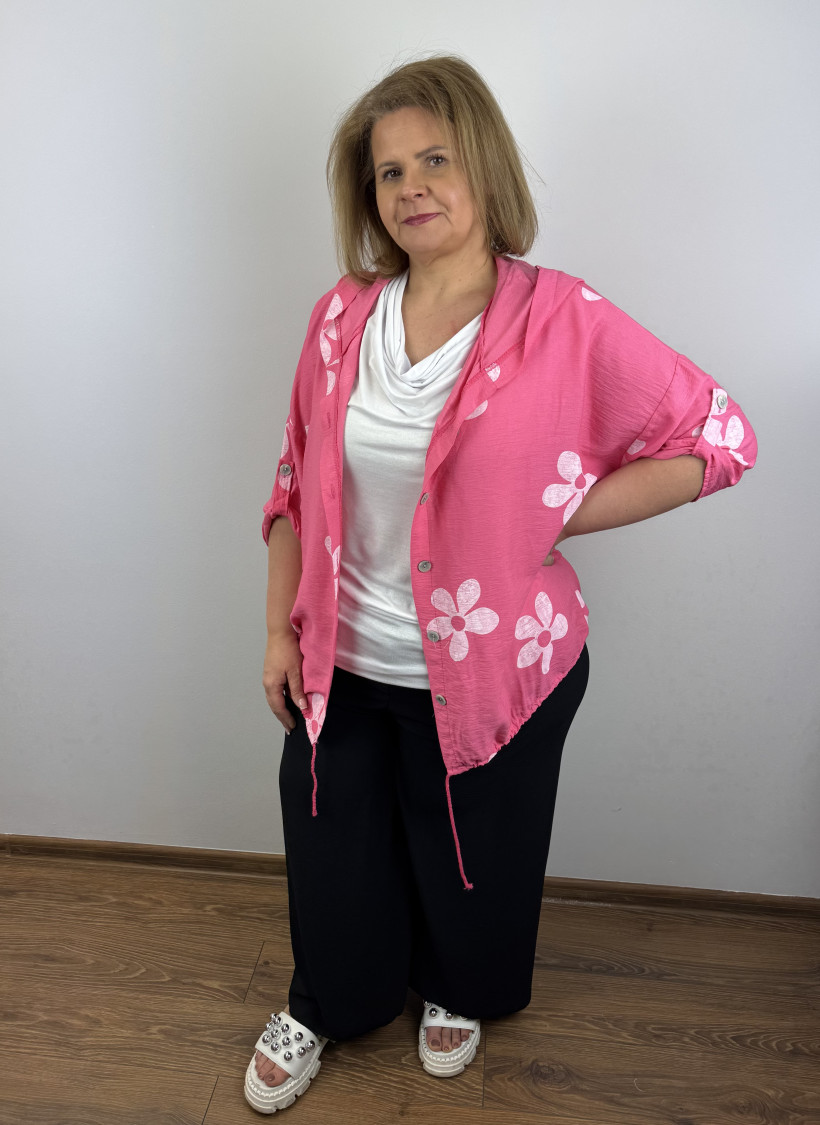 Narzutka/Bluza z kapturem na guziki, kwiatki - wł. - 9513 - malina
