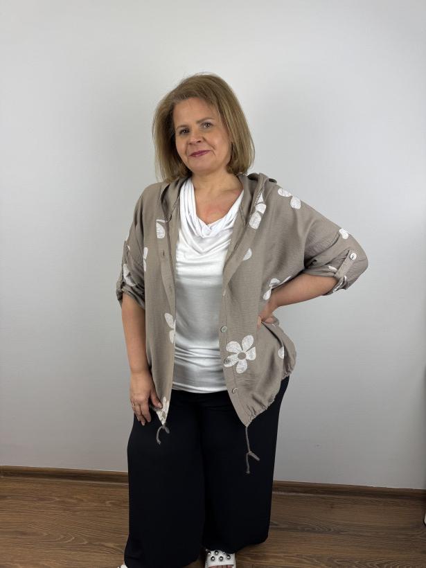 Narzutka/Bluza z kapturem na guziki, kwiatki - wł. - 9513 - fango