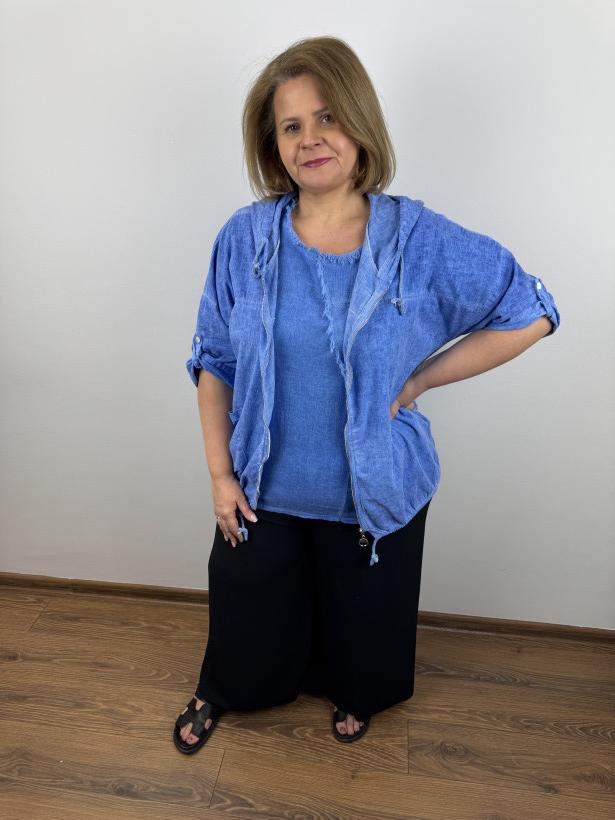 Narzutka na zamek z kapturem, wiązana na dole, dekatyzowana - wł. - 2016 - chabrowy