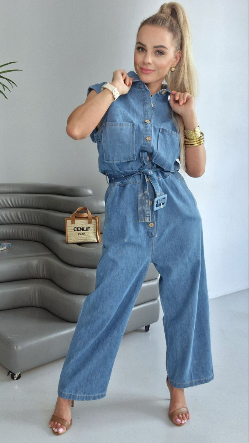 Kombinezon jeansowy z krótkim rękawem,